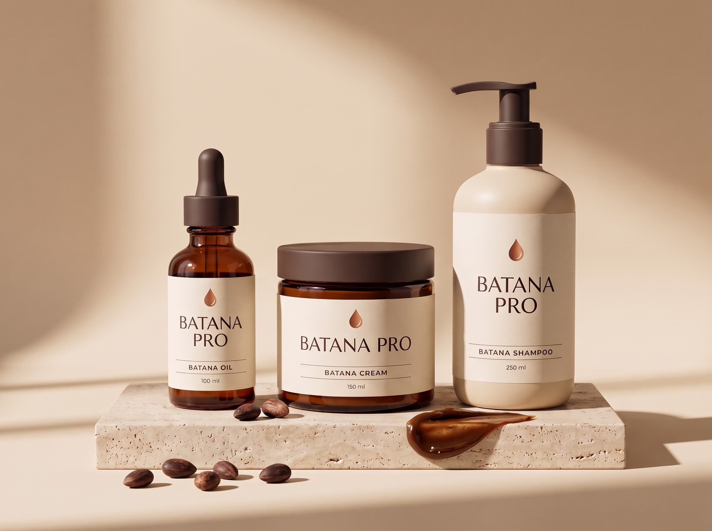 Batana Oil, Batana Cream and Batana Shampoo side by side on a stone plinth