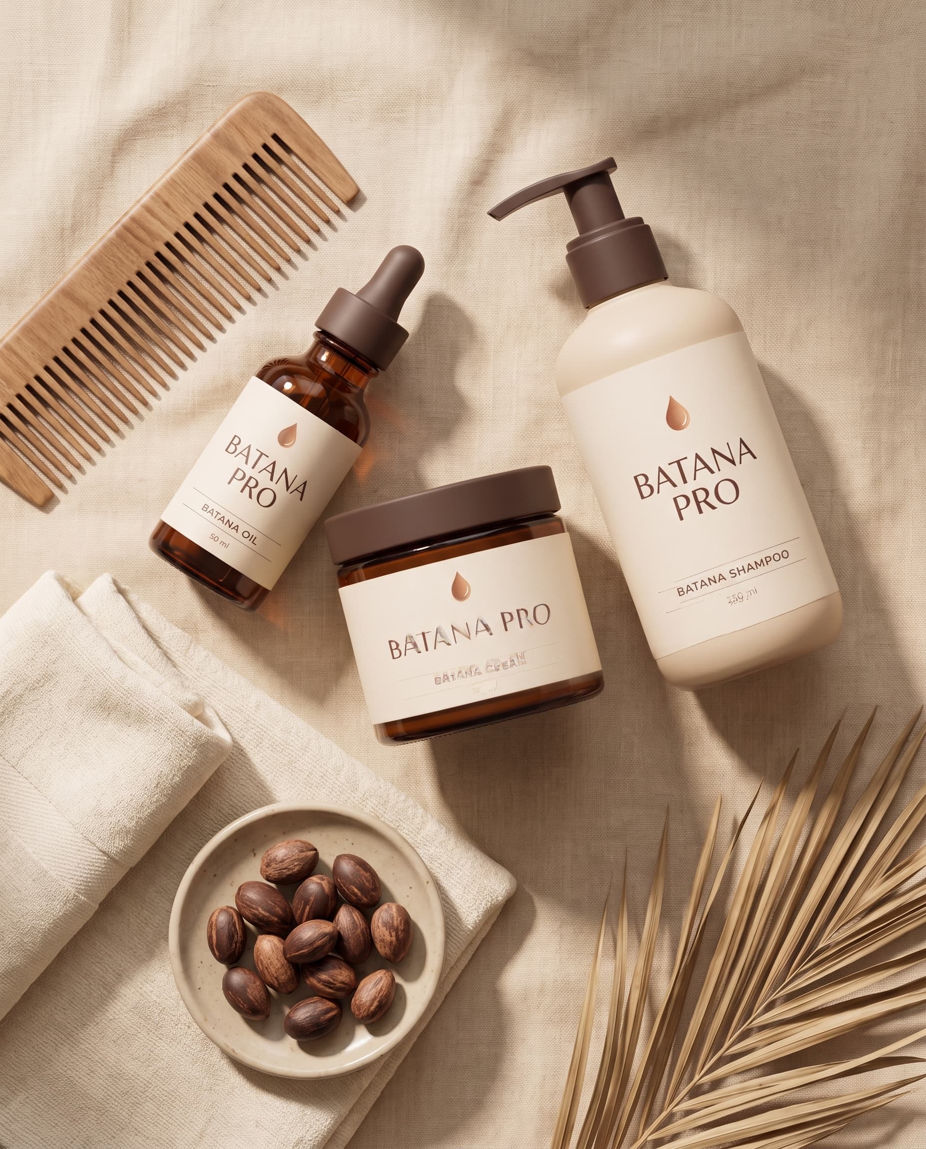 The Complete Ritual laid out on linen: oil, shampoo and cream with a wooden comb and batana kernels