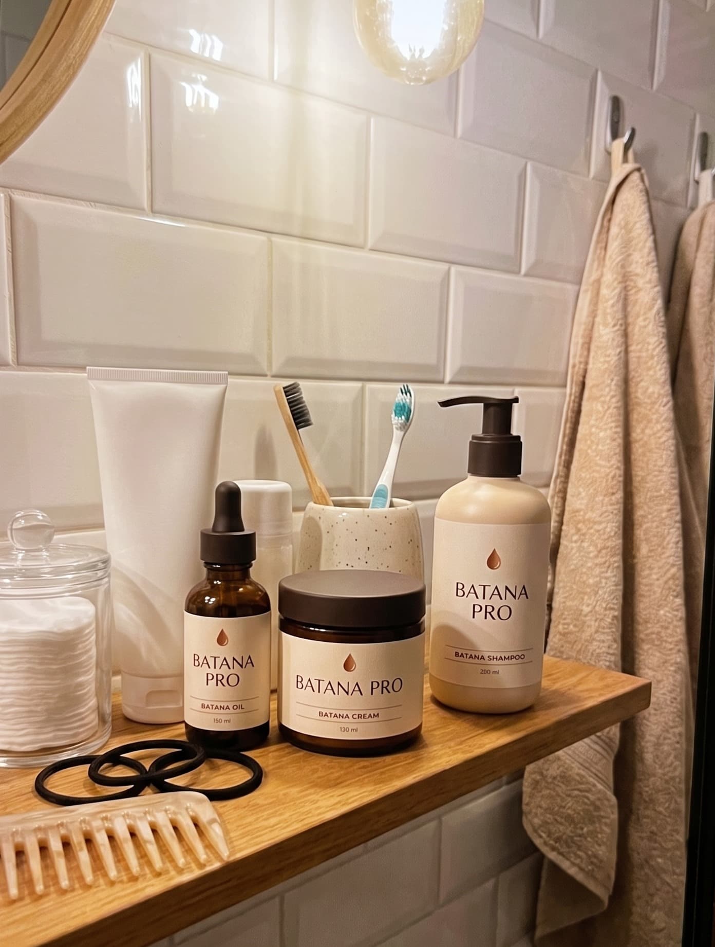Batana Oil, Cream and Shampoo on a bathroom shelf among everyday toiletries