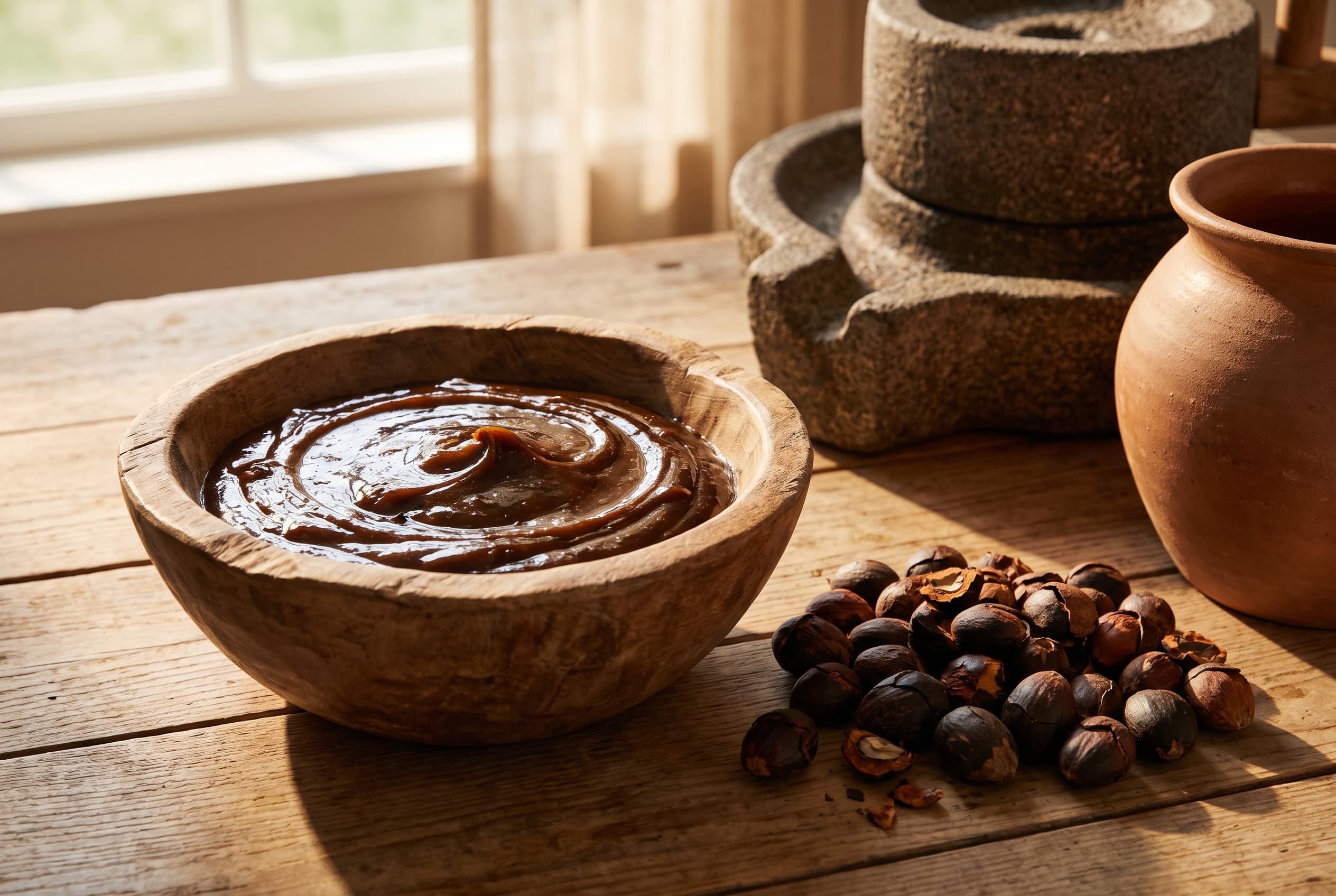 Raw batana oil in a carved wooden bowl next to roasted batana kernels