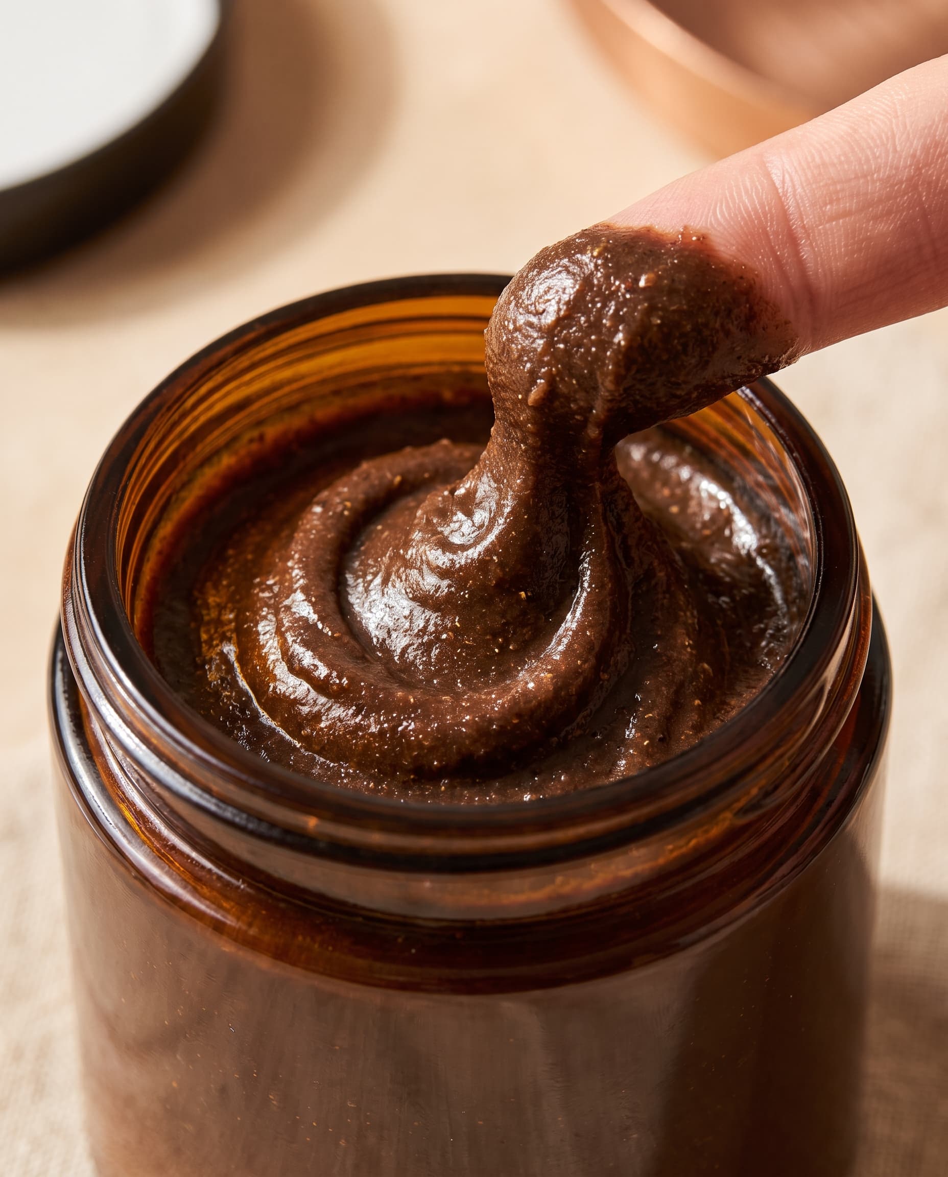A fingertip lifting a swirl of dense brown batana butter from the jar