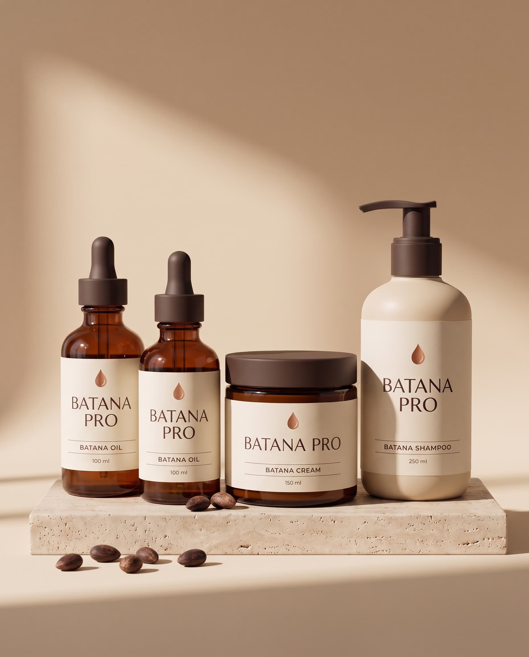 The 90-Day Ritual: two bottles of Batana Oil, Batana Cream and Batana Shampoo on a stone plinth